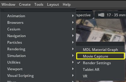 Cesium for Omniverse Dynamic Skies and Sun Study tutorial: Click Window > Rendering > Movie Capture to open the Movie Capture tool.